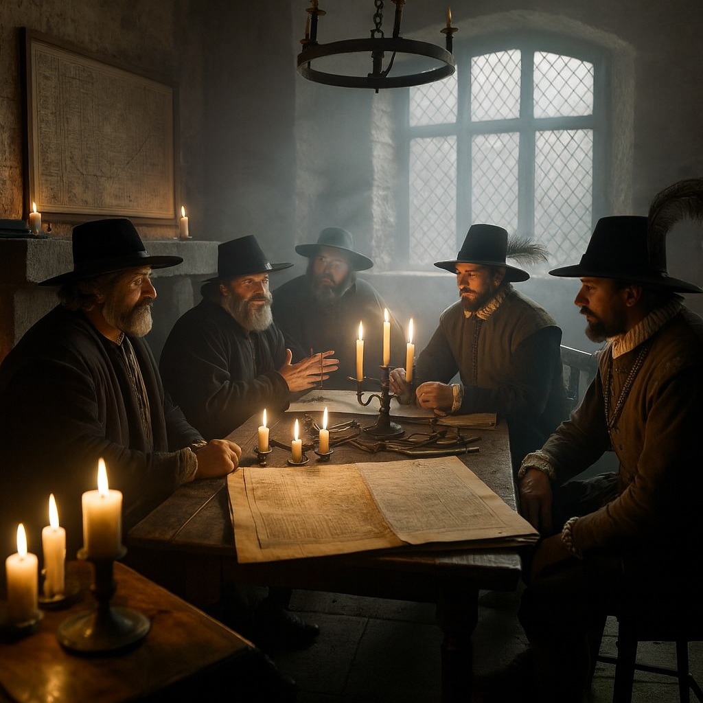 A realistic historical depiction of John and 
                    Christopher Wright, members of the Gunpowder Plot, in a dimly lit chamber.
