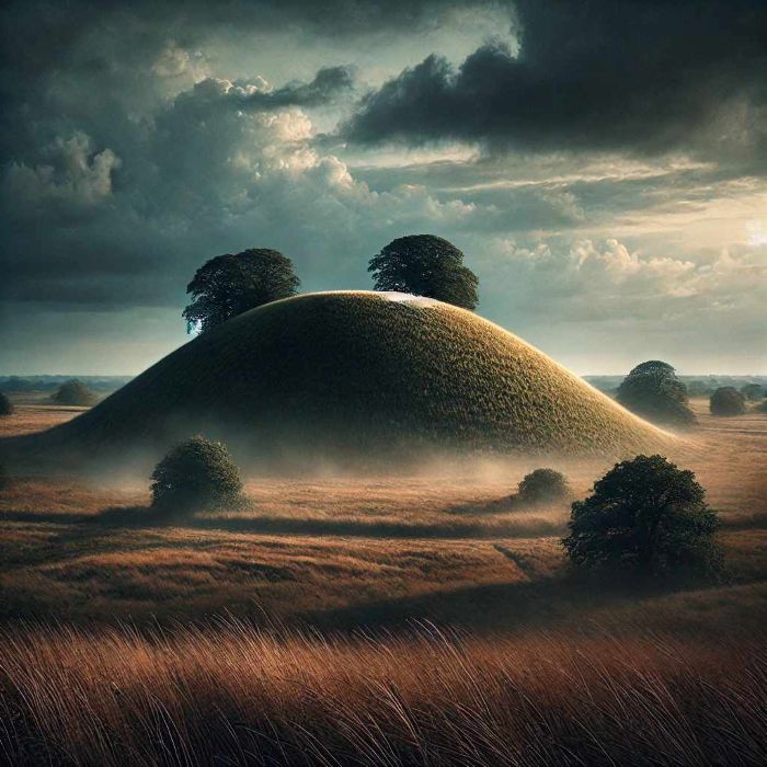 A realistic depiction of Willy Howe Burial Mound, 
                    a prehistoric mound near Wold Newton, East Yorkshire.